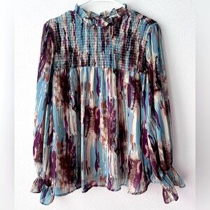 Entro Long Sleeved Smocked Abstract Watercolor Print Blouse with Gathered Detail